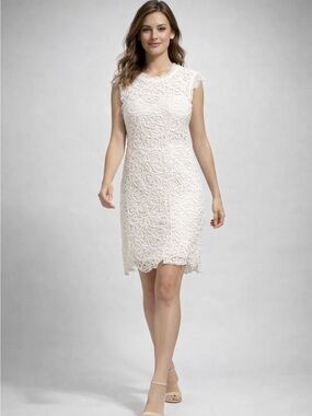 Sans Souci White Corded Lace Mini Sheath Dress L Like New